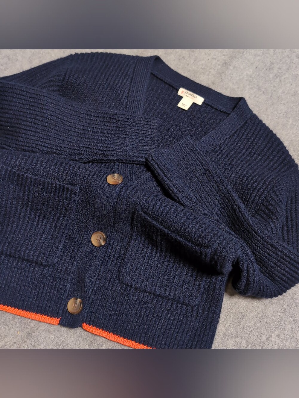 Crewcuts Navy Blue Ribbed Knit Cardigan Sweater w/ Orange Trim | Kids Size S